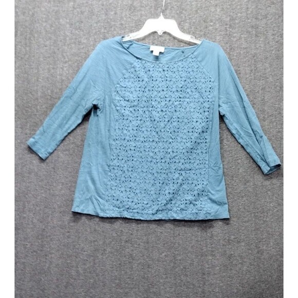 Ann Taylor Loft Petite Womens Blouse Size LP Blue Lace Front 3/4 Sleeve Pullover - Picture 1 of 7